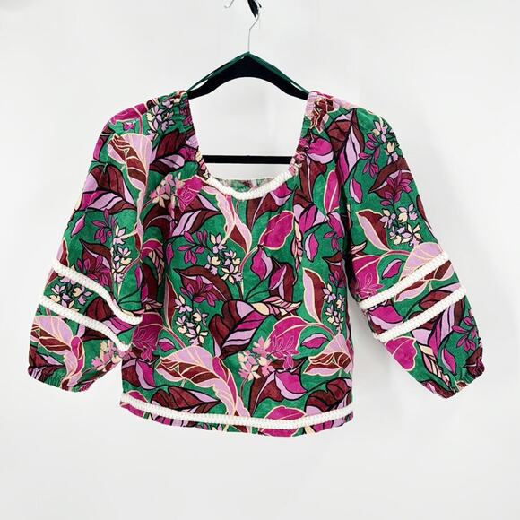 Cynthia Rowley tropical semi cropped linen puff sleeve on off shoulder top - Picture 1 of 7
